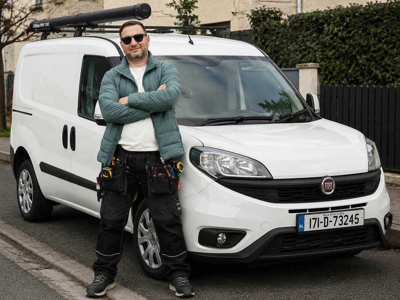 Anton, Dublin handyman, standing beside his fully equipped work van