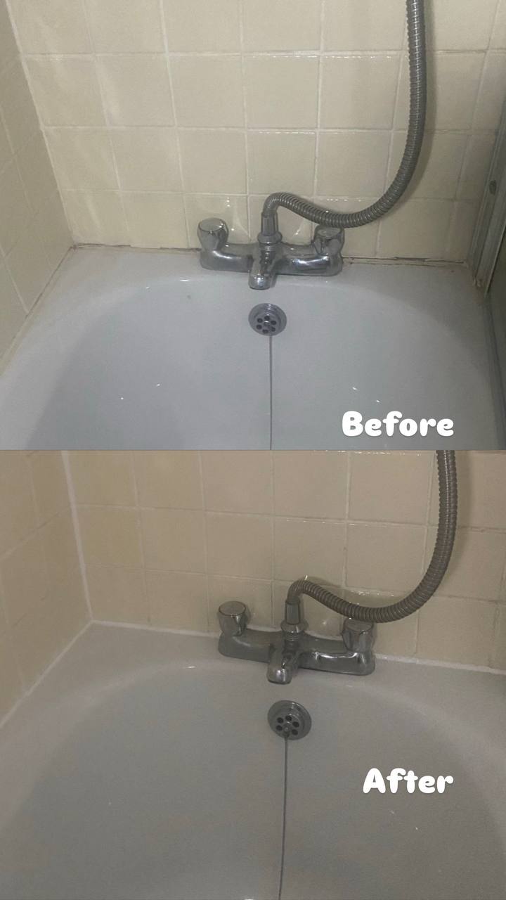 Before and after: descaled and cleaned bathtub taps and grouting in a Dublin bathroom