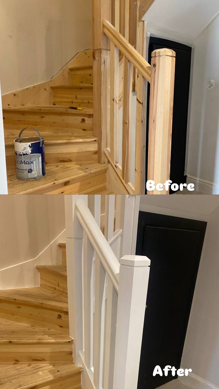 Before and after: bare timber staircase and banister fully painted white