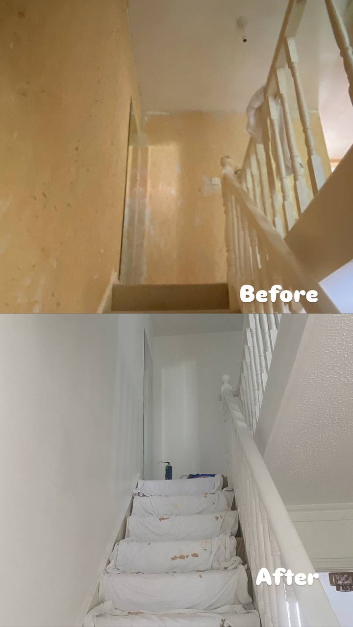 Before and after: stripped wallpaper and freshly painted stairwell