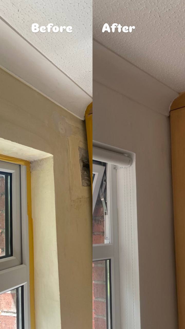 Before and after: plaster repair, painting and blind fitting around a window
